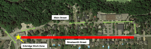 Map showing the area of roadway closed along Nineteenth Street - April 2021