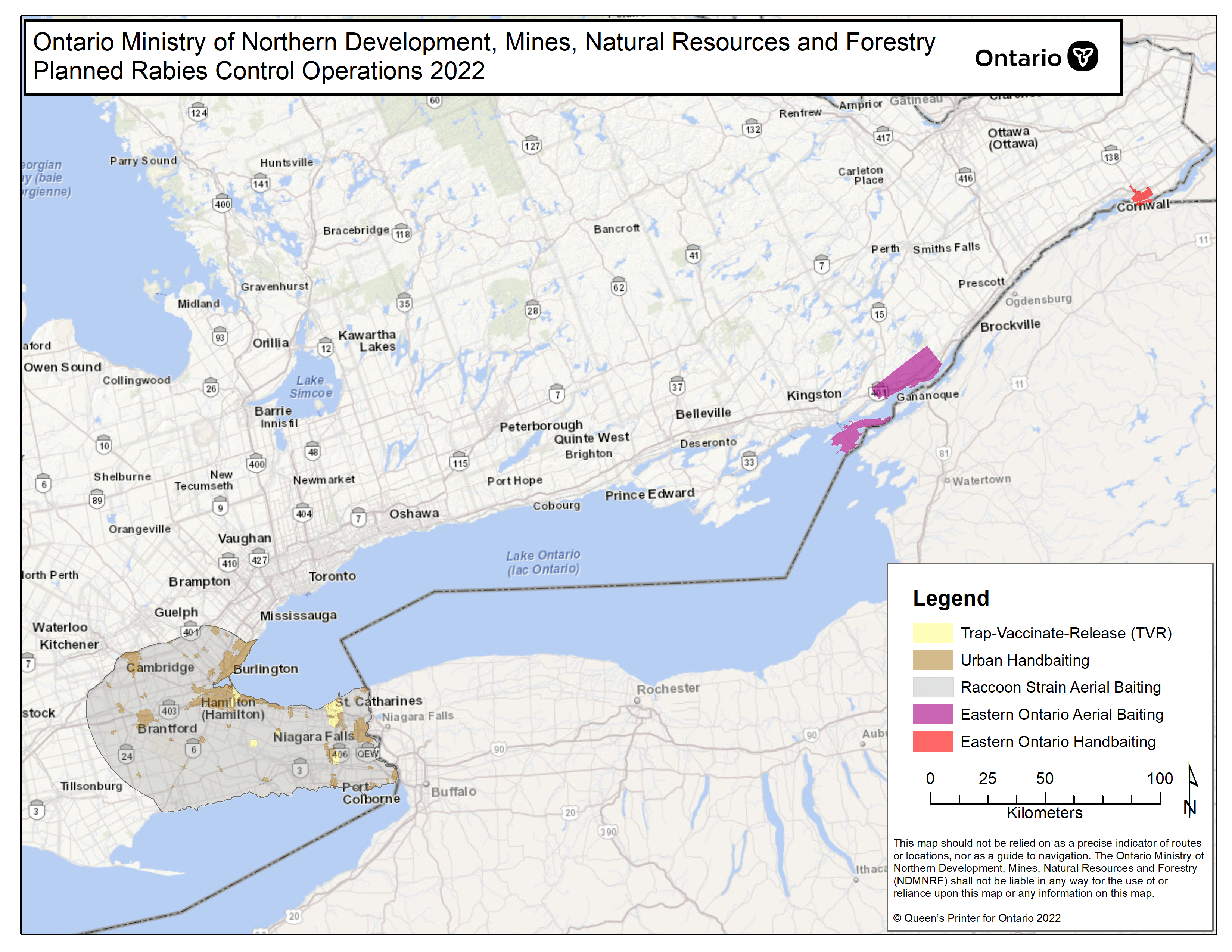 Map of southern Ontario highlighting areas for planned rabies control operations in 2022.