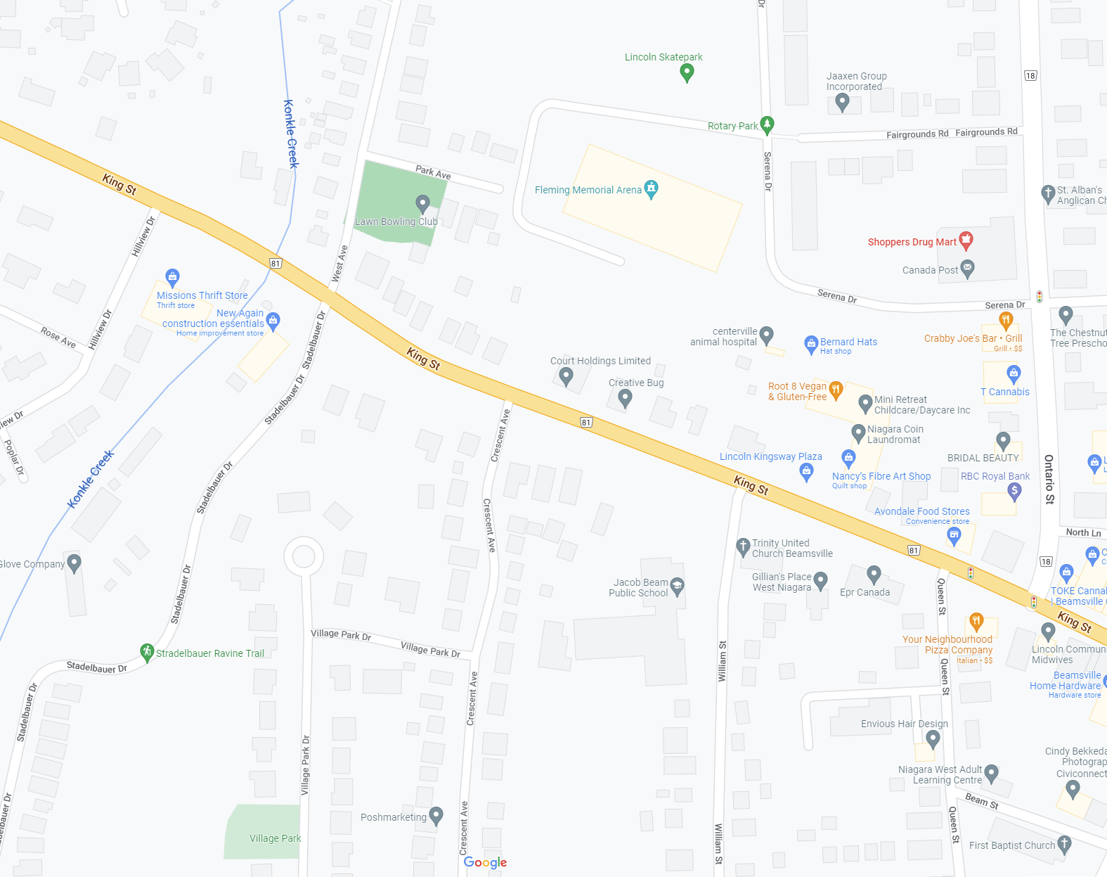 Map image of King Street in Lincoln Ontario.