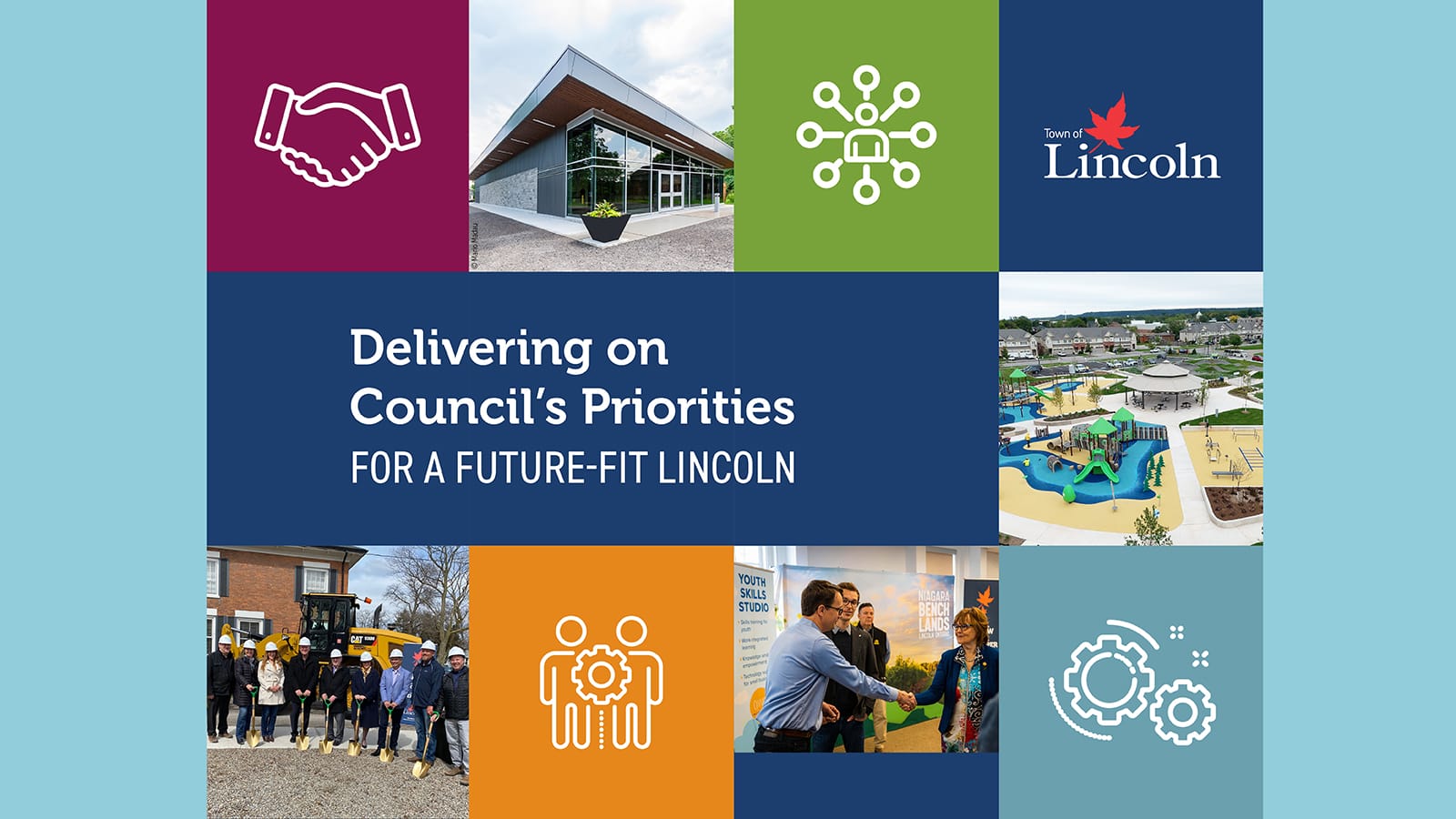 Collage of images.Among the image collage, there is a block with the word "Lincoln" written on it and another larger block with "Delivering on Council's Priorities for a Future-Fit Lincoln"