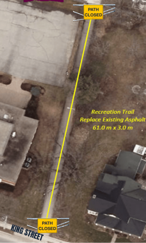 Satellite picture detailing closure of pathway. It has "Recreation Trail Replace Existing Asphalt 61.0m x 3.0m" to the side of the marked closed pathway.