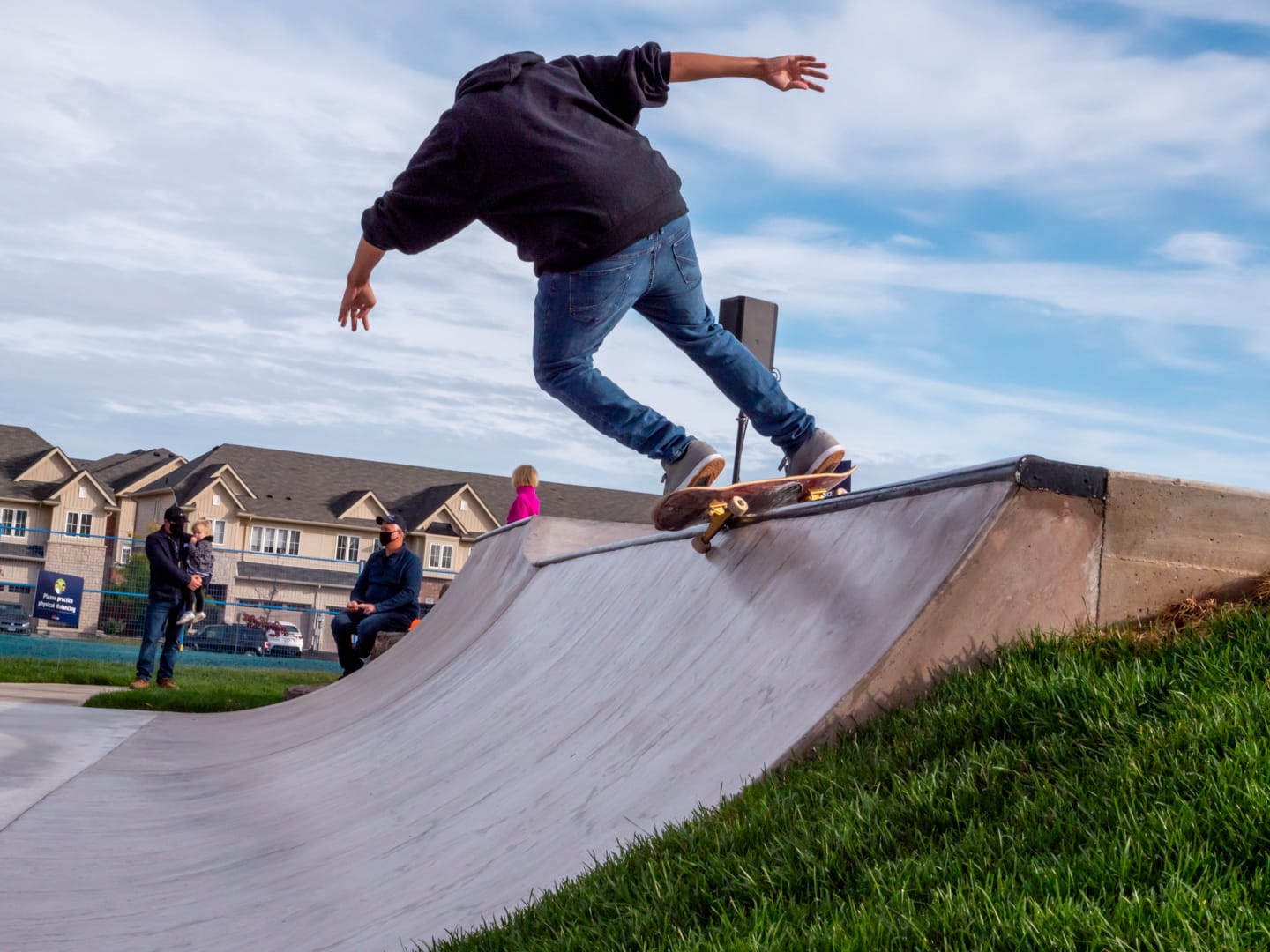 A skateboarder using the ramp at the Rotary Park Skatepark
