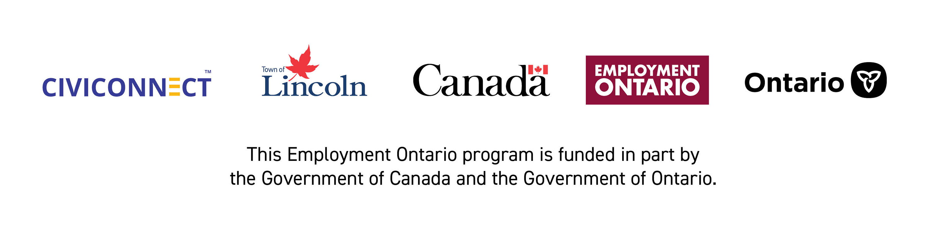 Logos of Civiconnect, Town of Lincoln, Government of Canada, Employment Ontario and Government of Ontario