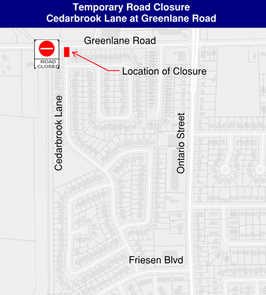 Overhead view of map showing 'Road Closure' sign and location of it.