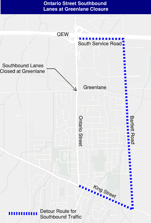 Graphic map with blue dots depicting detour route.