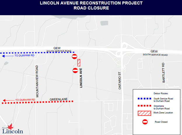 Graphic overhead map view of road closure and detour routes.