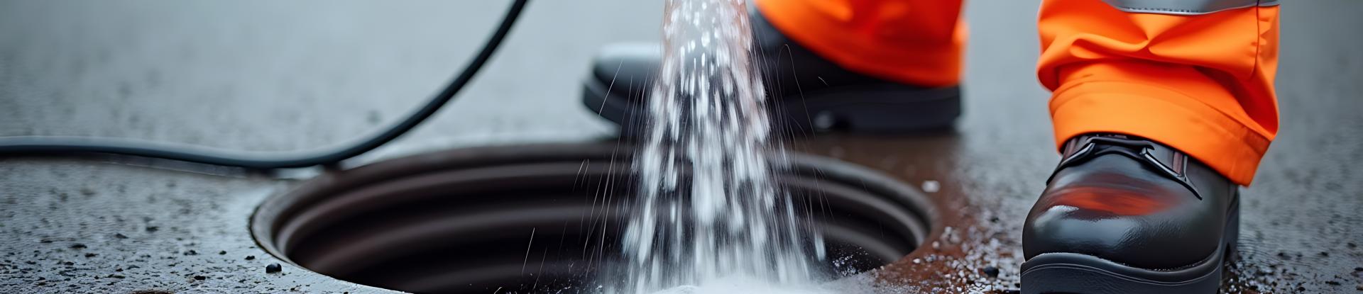 Water being sprayed into a manhole by a person in proper work gear.