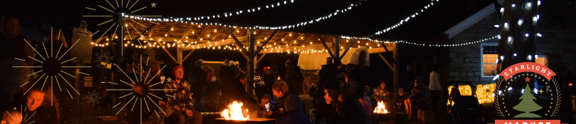 Outdoor venue with lights strung from wooden ceiling of a structure, with people underneath by outdoor firepits.