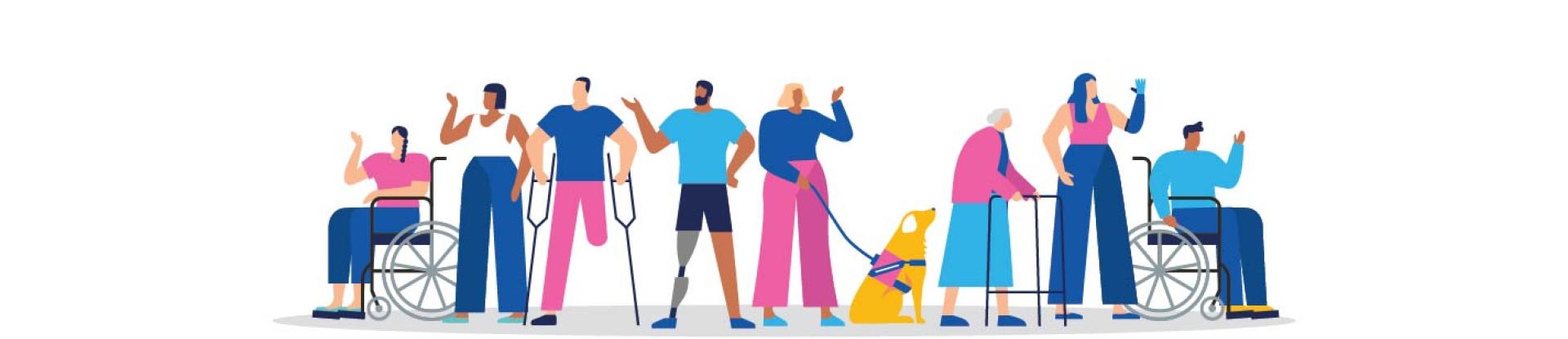 Group of cartoon people with visible disabilities.