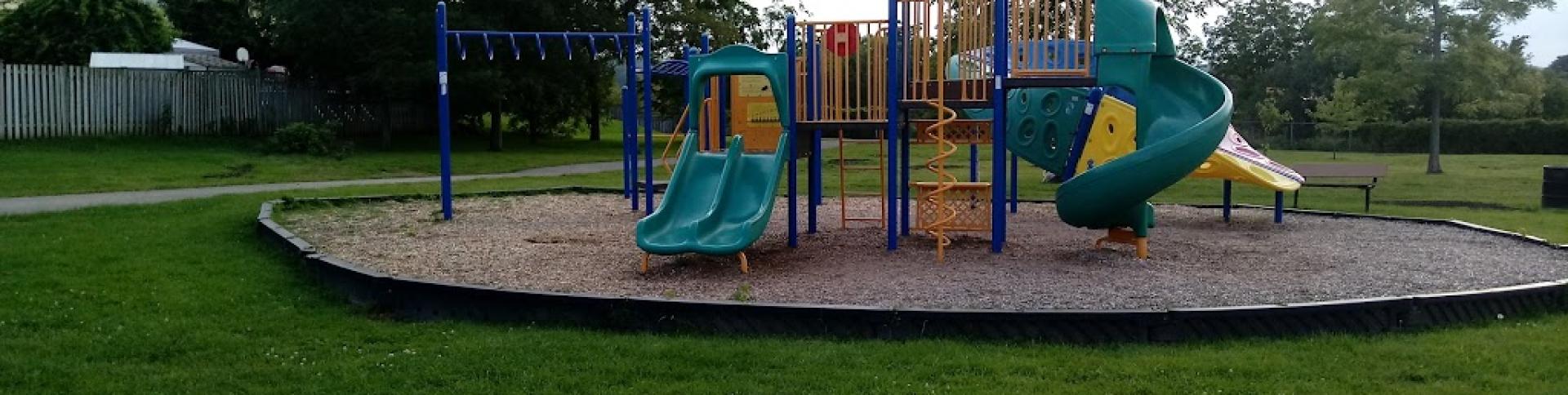 A colourful playground in a grassy park. The playground has monkey bars and a few different styles of slides.