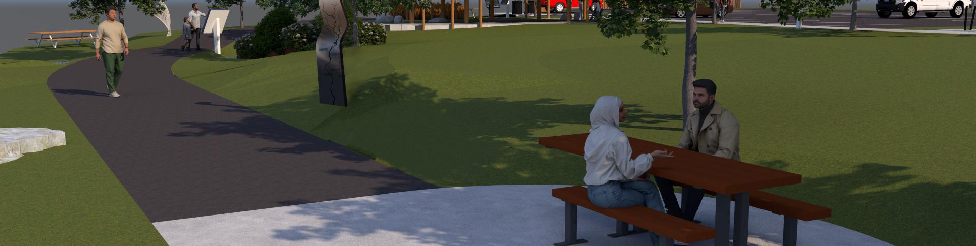 Illustration of park with people at a picnic table