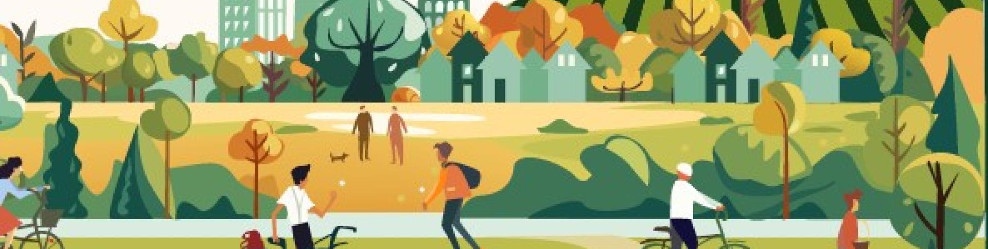 Illustration of community park with city and hill in the background