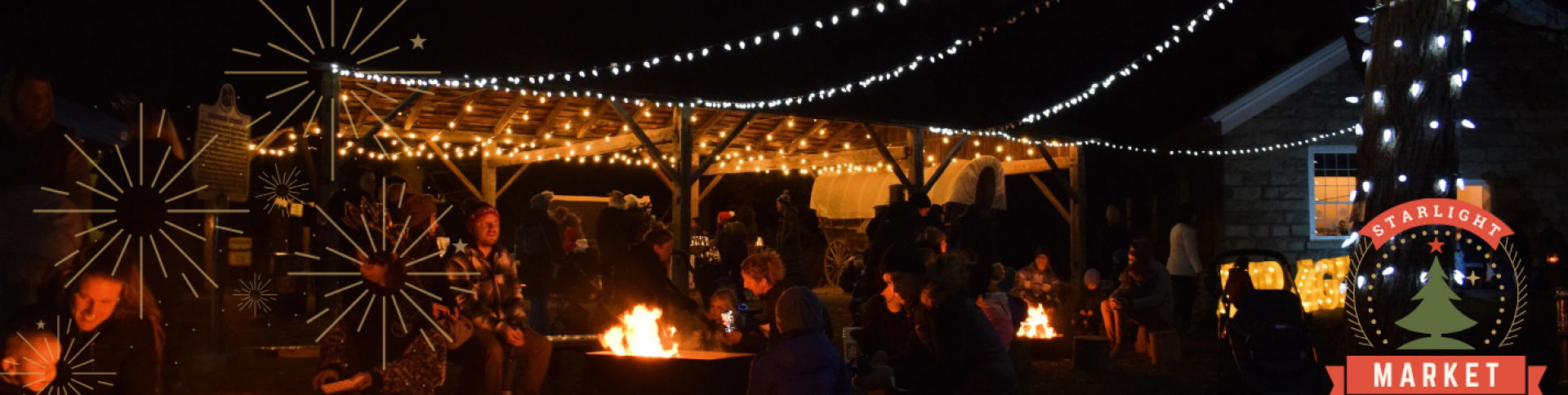 Outdoor venue with lights strung from wooden ceiling of a structure, with people underneath by outdoor firepits.