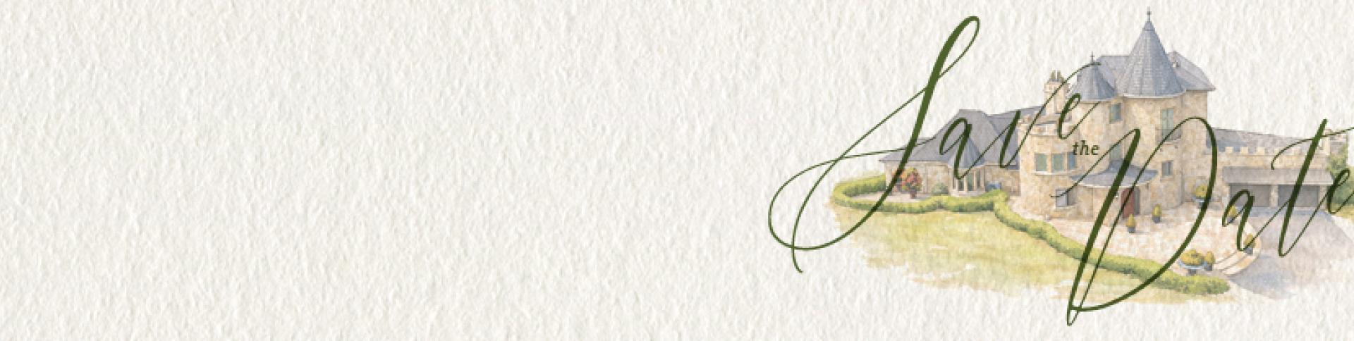 Illustration of castle-like building with "Save the date" overlaid in script font