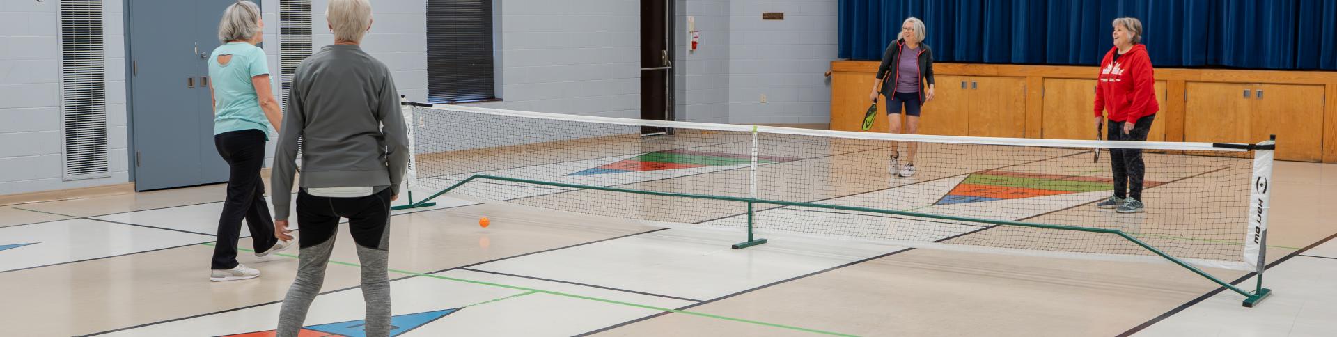 People playing pickleball on either side of a net