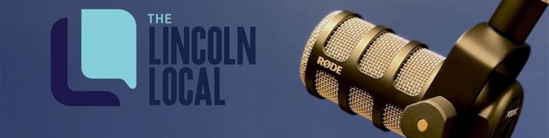 Graphic logo beside a podcast microphone with a blue background in behind.