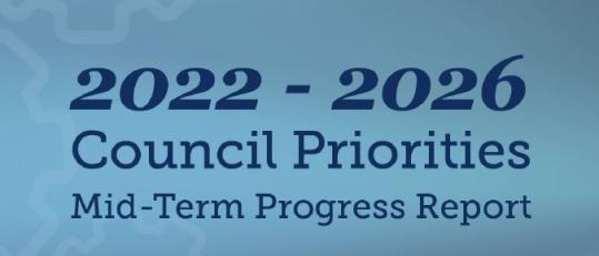 "2022-2026 Council Priorities Mid-Term Progress Report" text with faded white gears in background
