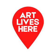 Red map pin icon with the words "Art Lives Here" written in white on it.