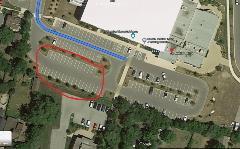 Aerial view of Fleming Centre Parking Lot and location of GO-VAXX clinic