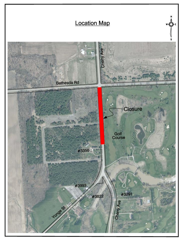 Map of closure showing affected area on Cherry Avenue south of Bethesda Road