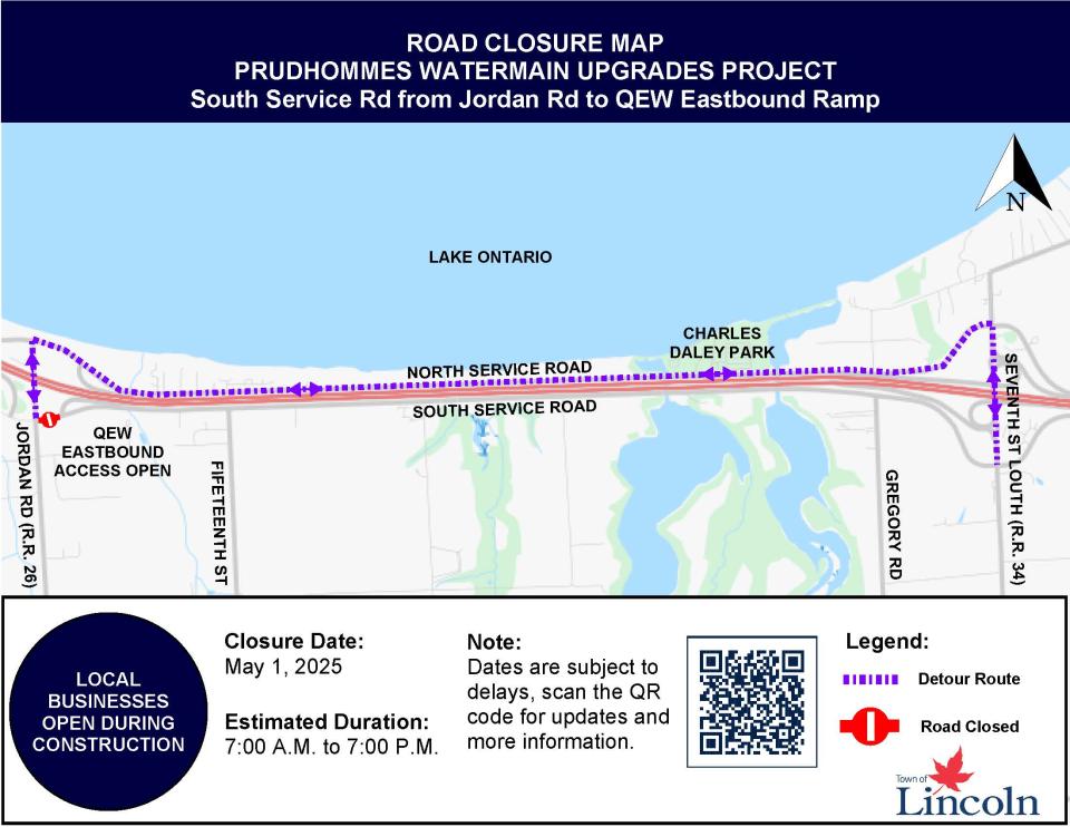 Map indicating road closure on May 1st, 2025. South Service Road from Jordan Road to QEW Eastbound Ramp