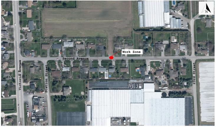Street view map of Second Avenue construction work zone
