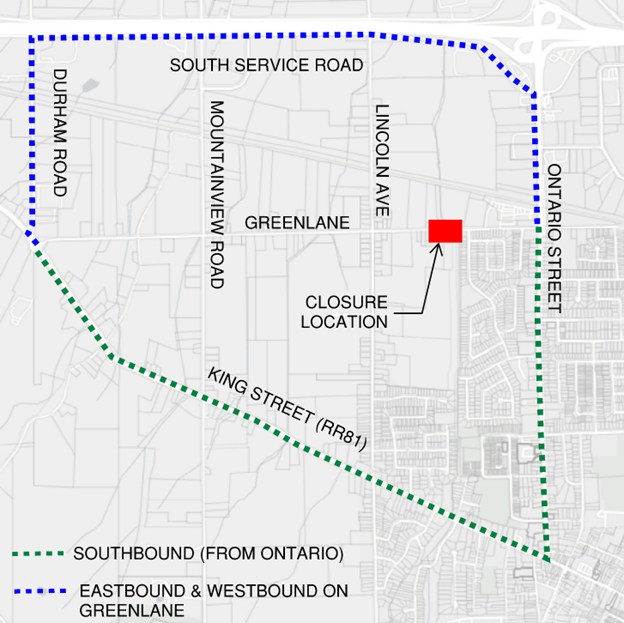 Overhead of map outlining detour routes.