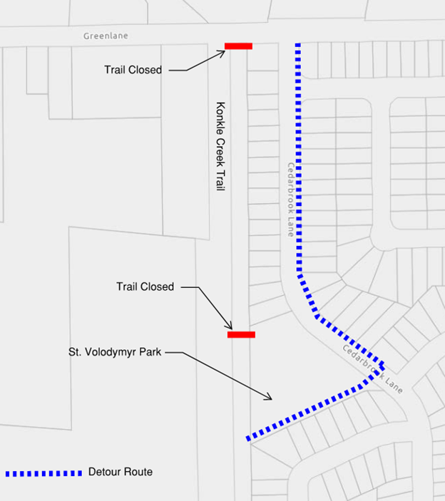 Overhead view of map with detour route and closures identified.
