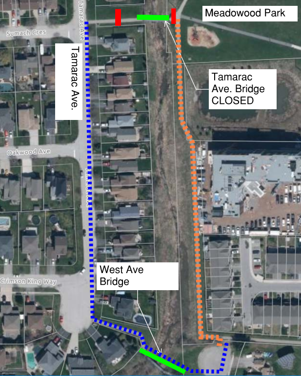 Overhead view of map with detour route identified.