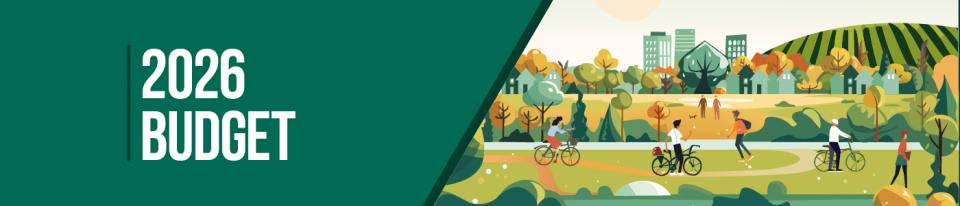 Illustrration of community park with city and hill in background