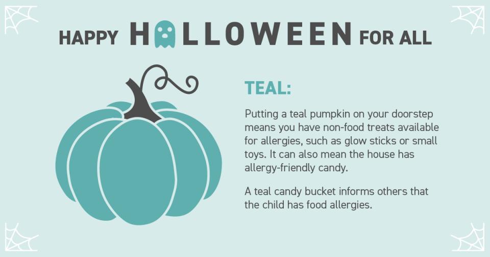 Graphic with text and a teal-coloured pumpkin.