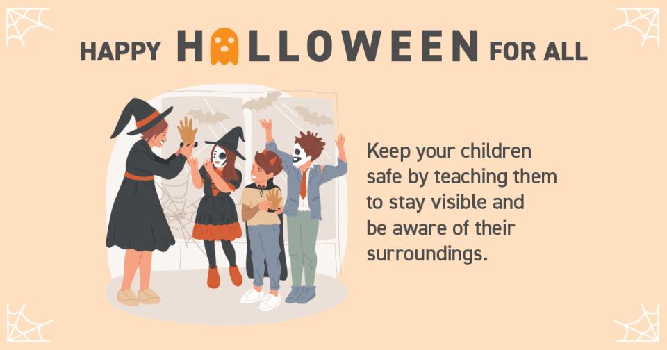 Graphic with text and kids trick-or-treating.