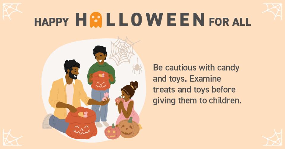 Graphic with text and parent giving Halloween candy to a child.