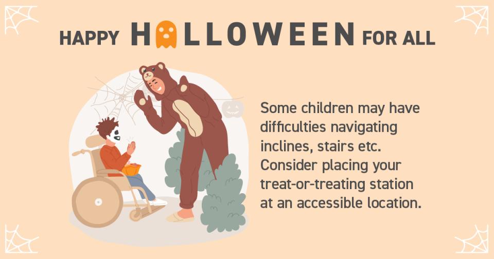 Graphic with text and trick-or-treaters outside.
