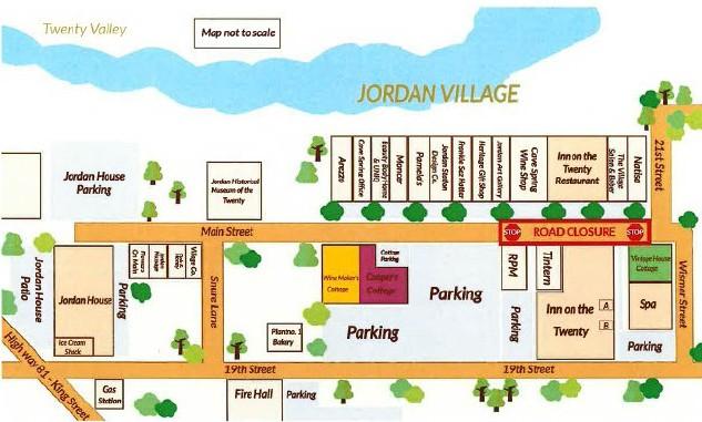 Graphic map noting a road closure of Main Street in Jordan, Ontario.