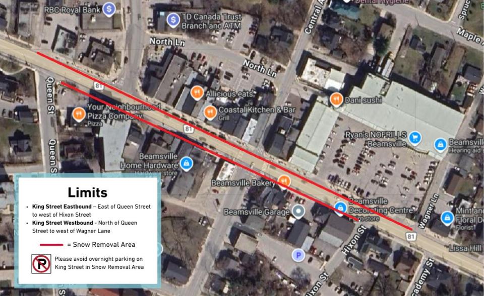 Satellite image of Downtown Beamsville with a legend and lines on the road.