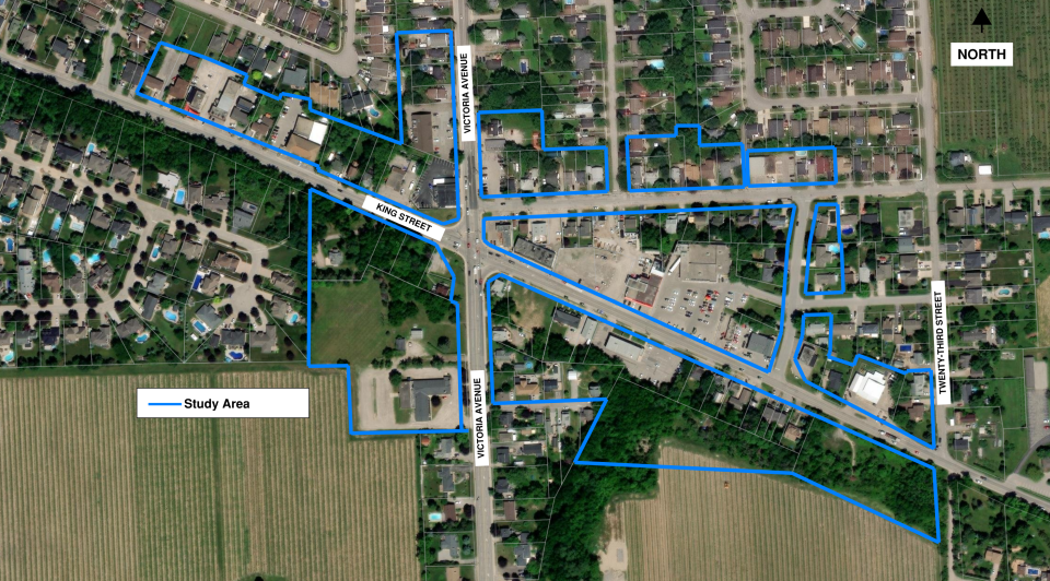 Aerial satellite map showing Vineland with study area marked in a blue border