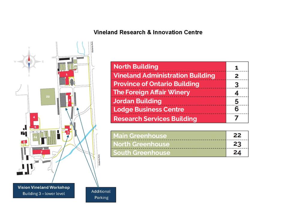 Graphic map of parking locations at Vineland Research & Innovation Centre.