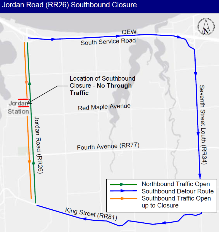 Detailed detour map for the Jordan Road lane closure beginning in May, 2026.