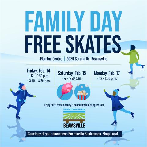 Listing of free skate dates sponsored by the Downtown Bench Beamsville BIA