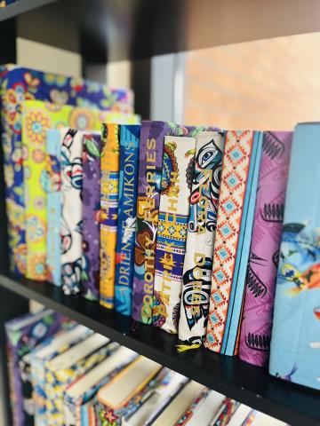 Close up of Art Installation of books in recognition of Red Dress Day