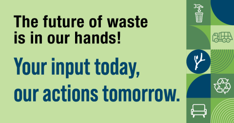Green and navy blue graphic with different types of waste management symbols