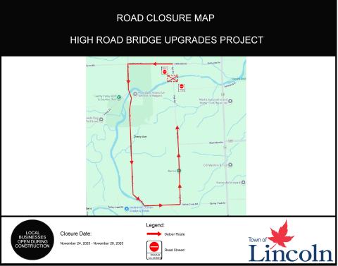 Graphic map of a road closure and detour route in Lincoln, Ontario.