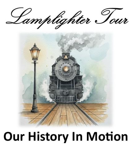 Illustration of grey steam train with light post