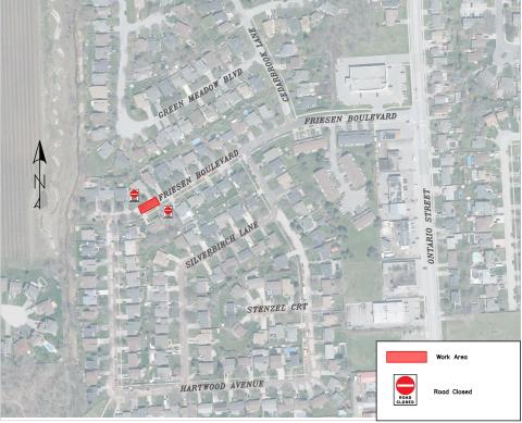 Map indicating road closure on Friesen Boulevard in March 2026.