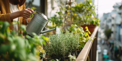 Watering can pouring water over balcony box plant